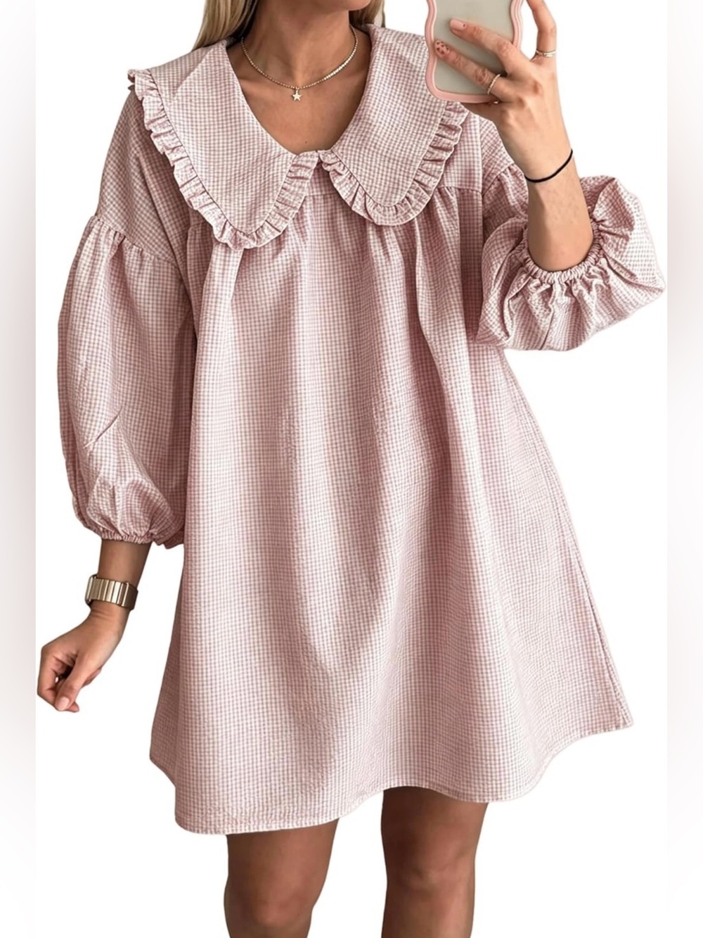 Pink Gingham Babydoll Mini Dress Puff Sleeve Ruffle Peter Pan Collar NWT Small